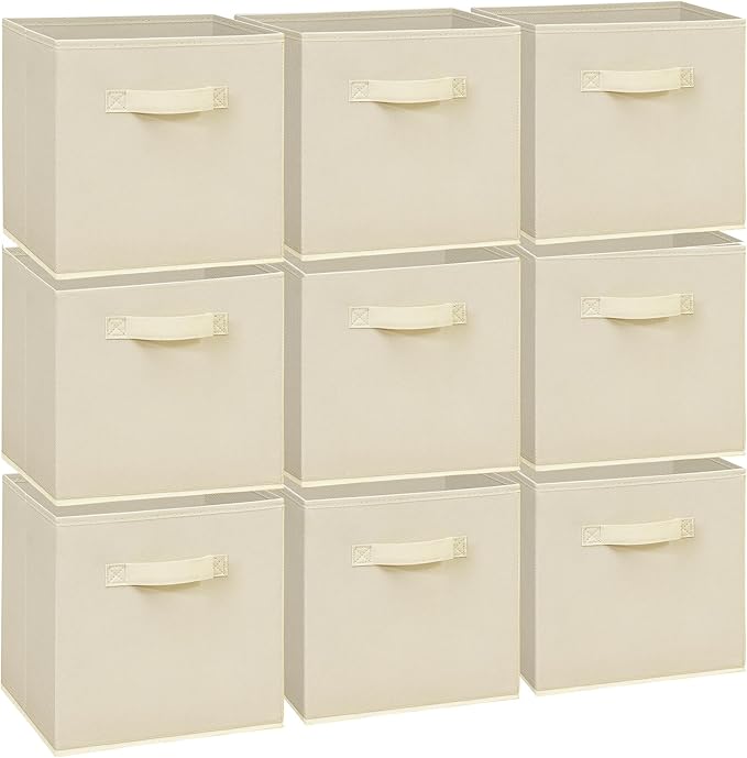 Easi Storage Cubes, 11 Inch Storage Bins, Set of 9, Foldable Fabric Cube Storage Organizer With Handles, Closet Cube Storage Bins, Collapsible Cubby Storage Organizer for Shelves,Offices, Beige