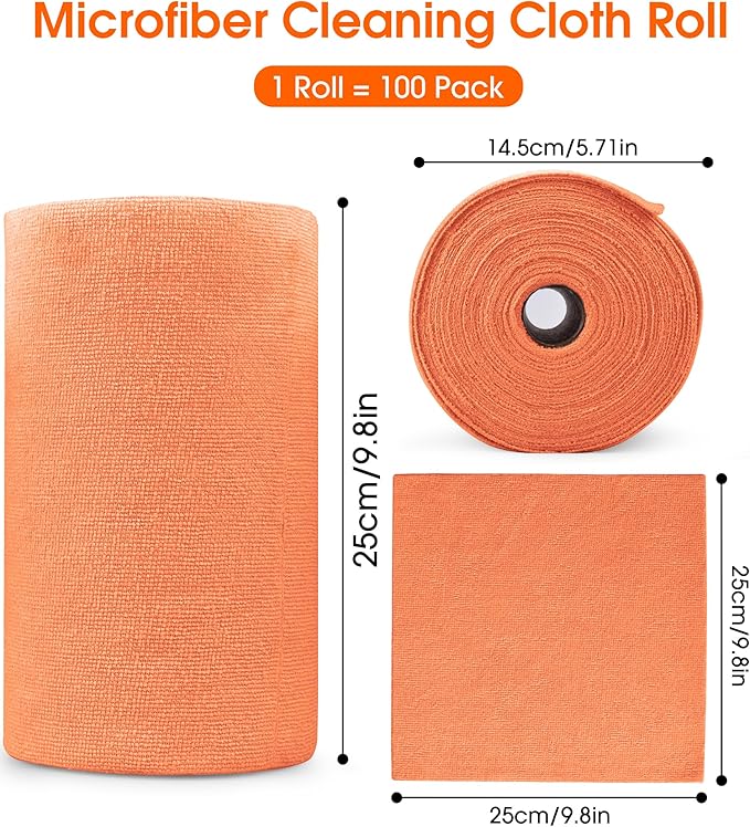 CHAUNCEY HOME Microfiber Cleaning Cloth Roll–100 Pack, Tear Away Microfiber Towels, Reusable, Washable, Scratch-Free, Kitchen Towels for Car, Home, Kitchen, Glass, Dishes(Honey Orange)