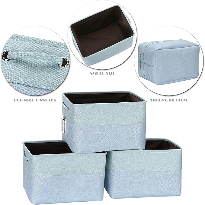 Sea Team 3-Pack Large Storage Basket Set, Trunk Organizer, Clothes Toys Bin, 15 x 10 x 10 Inches, Big Rectangular Canvas Fabric Collapsible Shelf Box with Handles for Kids Room (Babyblue/Mint)