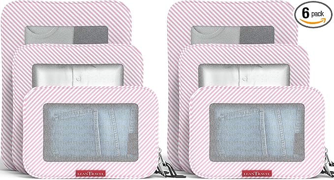 LeanTravel Compression Packing Cubes for Travel Organizers with Double Zipper (6-Pack (2L+2M+2S), Pink Stripes)