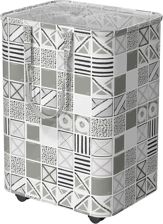 Simple Houseware Large 82L Laundry Basket with Wheels, Collapsible Waterproof Hamper with Handles and Mesh Cover, Geometric Gray