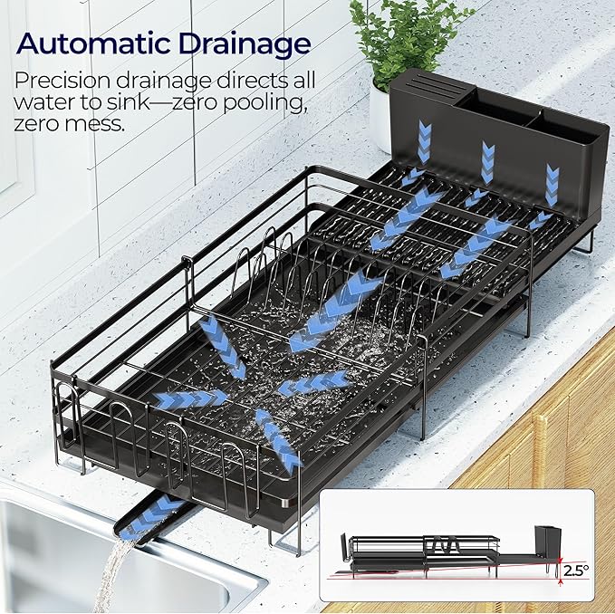 Large Dish Drying Rack, Expandable Dish Rack for Kitchen Counter, Dish Drainer with Drainboard Set, Multifunctional Dishrack with Utensil Holder & Cup Holder, 13.4"-28.7" L x 11.8" W, Black