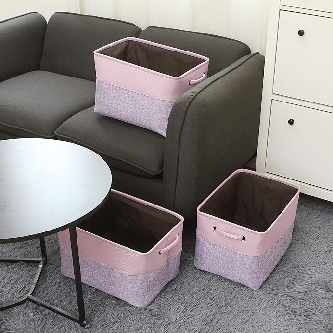Sea Team 3-Pack Large Storage Basket Set, Trunk Organizer, Clothes Toys Bin, 15 x 10 x 10 Inches, Big Rectangular Canvas Fabric Collapsible Shelf Box with Handles for Kids Room (Lavender/Orchid)