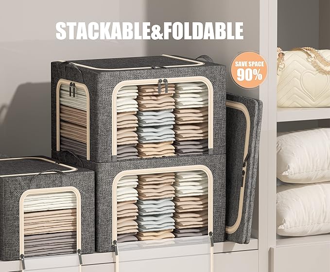 3 Openings Clothes Storage Bins with Metal Frame, Foldable Storage Bin for Clothes, Clothing Storage Bins with Lid, Linen Storage Box With Clear Window＆ Zippers＆ Durable Handles.(3 Pcs,Dark Grey,40L)