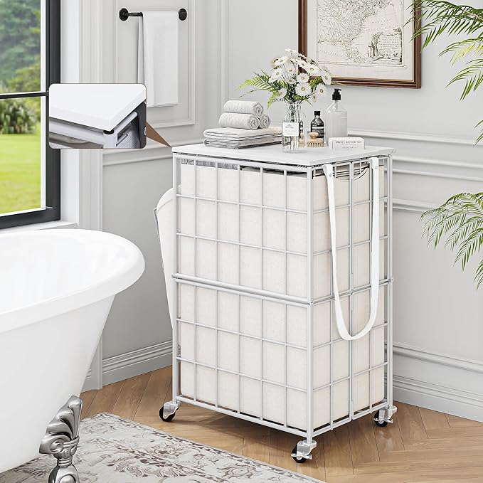 90L Laundry Basket with Wheels, Large Capacity Laundry Hamper with Removable Liner Bags, Heavy Duty Laundry Sorter with Solid Wood Lid & Leather Handles (White) TLH001W01