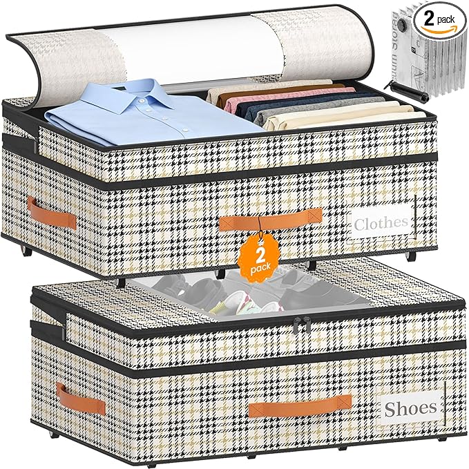 2-Pack Under Bed Storage with Wheels and 6 Vacuum Seal Bags, Adjustable Height 7.9"-10.2",63L Clear Lid Expandable Organizer for Bedding Blankets Clothes Shoes Toys, Space Saving Quick Assembly