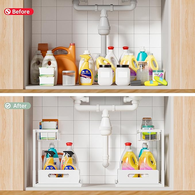 VUSIGN Under Kitchen Sink Organizer 2 Tier, Pull Out Bathroom Sink Organizers and Storage, Cabinet Kitchen Bathroom Storage Organization Shelf, 2 Pack White