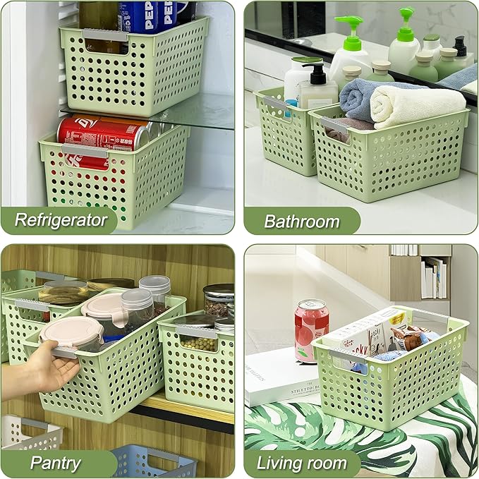 Soddeph 4 Pack Plastic Storage Basket with Handles, Small Deep Organizer Bin with Hollow Design for Under Counter, Shelf, Closet, Kitchen or Bathroom (Green, Small)