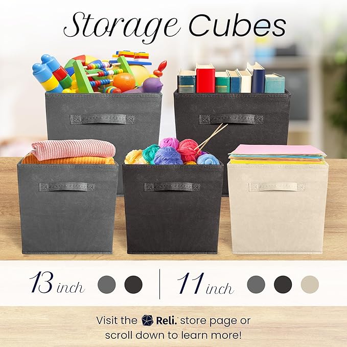 Reli. 11 Inch Cube Storage Bins (4 Pack) | Cube Organizer Bins | 11x11 Fabric Storage Boxes | Collapsible, Foldable Fabric Cubby Box (Square) | Kids Room Organization (Dark Gray)