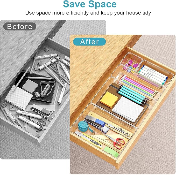 Drawer Organizers Set of 12, 4 Sizes Clear Plastic Drawer Organizers and Storage Bins for Kitchen, Bathroom, Office, Dresser Desk Drawer Organizer Tray for Jewelry, Makeup, Junk, Gadgets