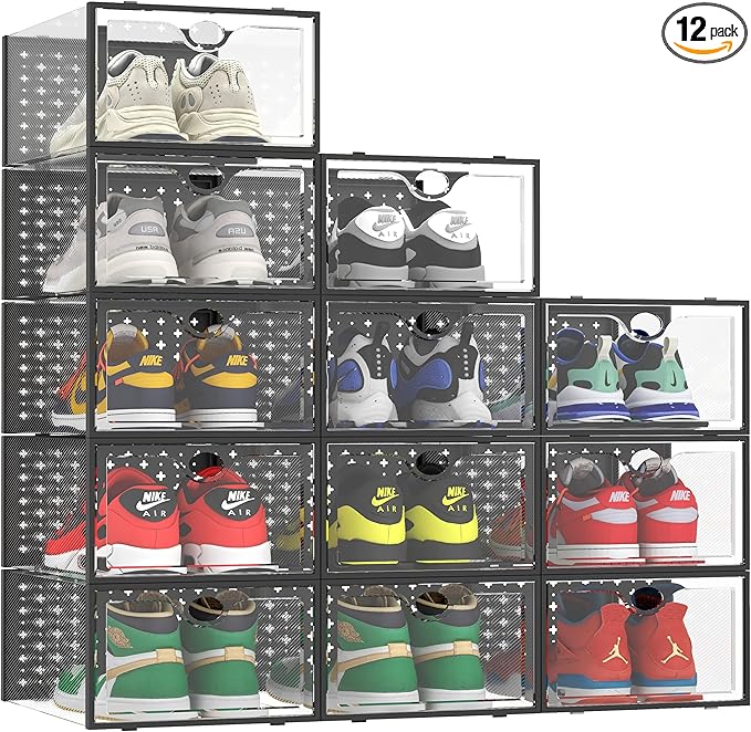 Pinkpum XXL Shoe Storage Box Fit for Size 14, Clear Plastic Stackable Shoe Organizer for Closet 12 Pack, Shoe Containers Sneaker Storage Black