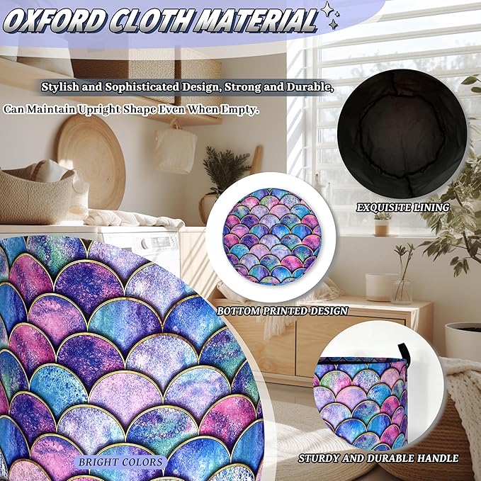 Colorful Mermaid Scales Laundry Basket Foldable Oxford Cloth Beautiful Fish Scales Laundry Hamper With Handle Clothes Storage Organizer Basket 18.9"x16.5"Storage Bag For Laundry Room/Bathroom/Bedroom