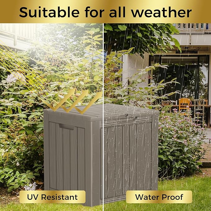 TARKARI 35 Gallon Lockable Resin Deck Box, Waterproof & UV-Resistant Outdoor Storage Box for Outdoor Cushion Storage, Garden Tools & Pool Accessories Storage, Gray