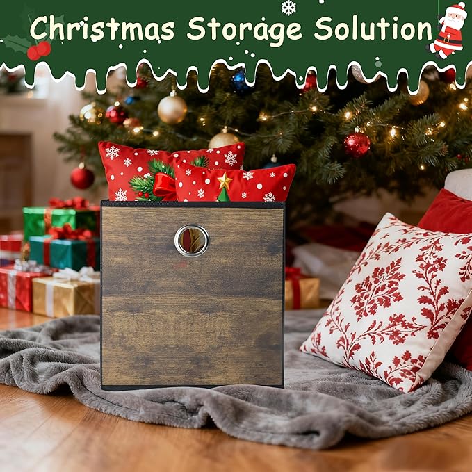 Thickened Fabric Storage Bins with Wood Grain,Decorative Storage Cubes Foldable Box,Sturdy Cube Organizer Basket for Shelves,Closet,Home,Office, Nursery,Dorm,Brown with Black,3 Pack (11.8x11.8x11.8in)