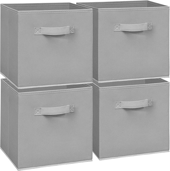 Easi 11 inch Cube Storage Bins, 4 Storage Cube Organizer, Collapsible Fabric storage cubes with Handles, Closet Storage Basket For Organization, Shelf Basket For Shelves Clothes Books, Gray
