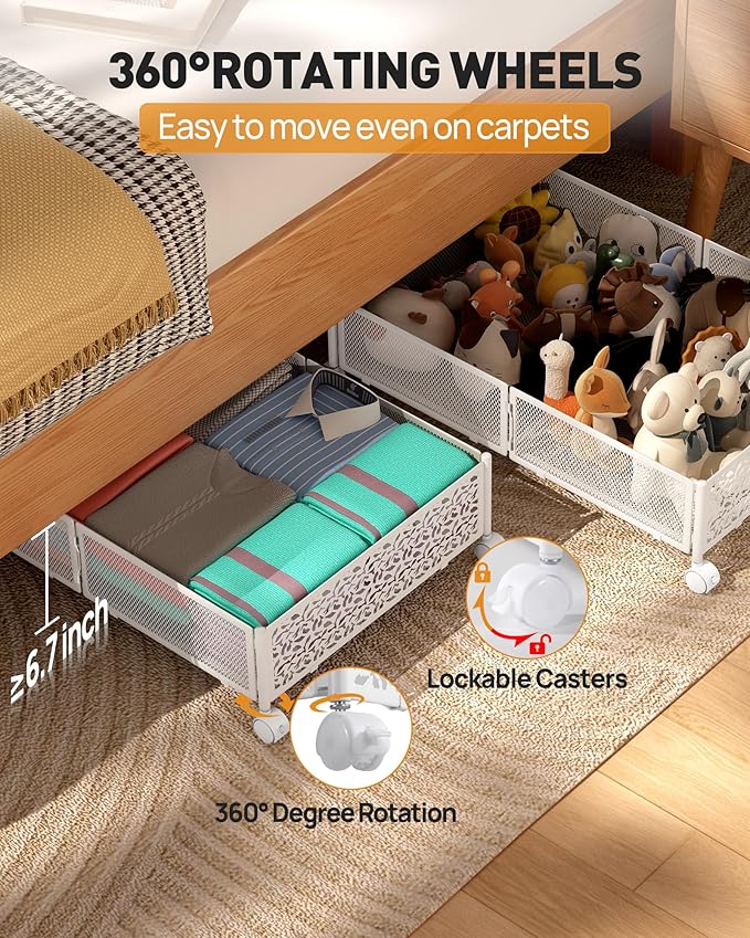 Under Bed Storage With Wheels - 60L Foldable Pattern Carved Metal Container, Rolling Underbed for Shoes, Clothes, Blankets - Easy Assembly