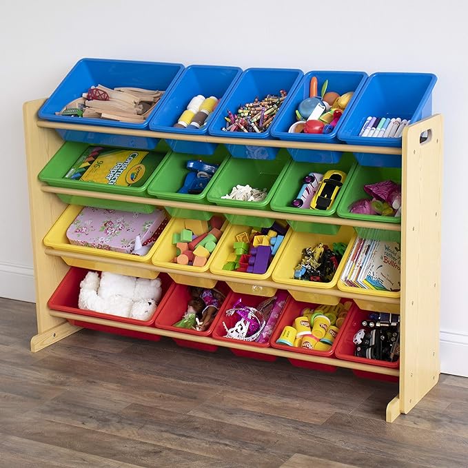 Humble Crew Extra-Large Toy Organizer with 20 Plastic Bins – Primary/Natural Storage Rack with 4-Tier Shelves, Anti-Tip Safety, for Kids’ Rooms, Playrooms, Nurseries & Classrooms