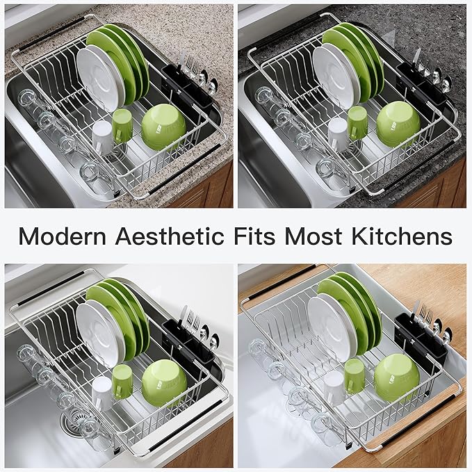 JASIWAY Dish Drying Rack in Sink, Expandable Stainless Steel Dish Drainers for Kitchen Counter, Dish Dryer Rack for Inside Sink, Over The Sink Dish Racks with Utensil Holder, Silver
