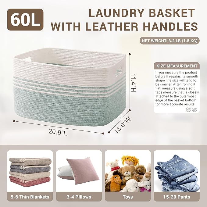 60L Laundry Basket for Living Room Storage, Woven Rope Baskets Bin for Blanket, Kids Toy, Gifts, Wicker Hamper for Bedroom Dirty Clothes, White Green