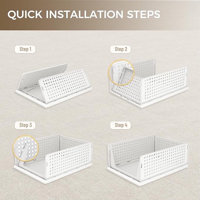 Pinkpum 6 Pack Closet Organizers Storage Bins, Stackable Plastic Drawer Basket for Clothing, Stackable Storage Bins Shelf Storage Container for Closet Wardrobe Bedroom Bathroom Office White