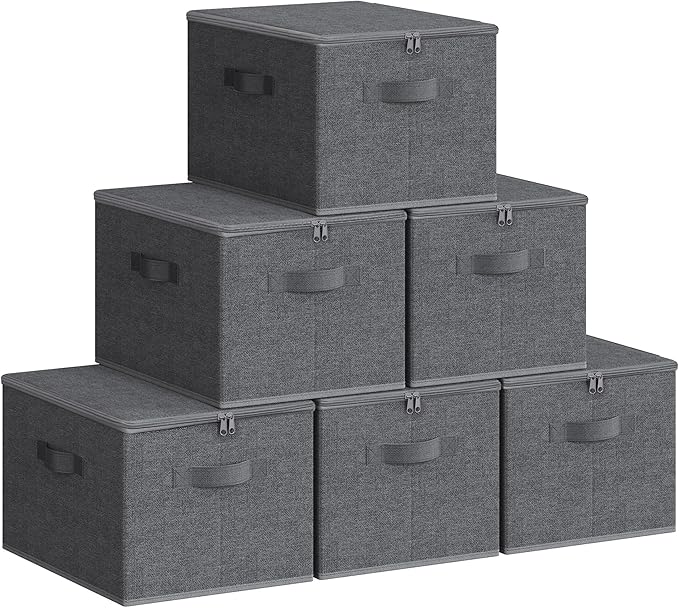 SONGMICS Foldable Storage Organizer Boxes, Set of 6 Storage Basket Bins with Lids, Handles, Clothes Organizer, 15.7 x 11.8 x 9.8 Inches, Non-Woven Fabric, Slate Gray URZB003G02