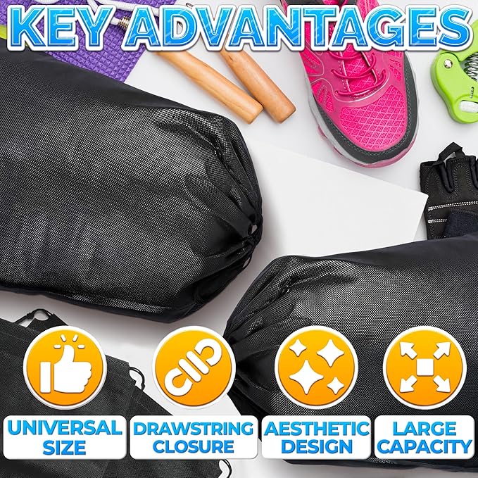 10 Pack Travel Shoe Backpack Set – Non-Mesh Solid 11.8"x15.75" Waterproof Drawstring Shoe Bags for Travel, Clothes, or Wet Gear – Lightweight Storage Organizer and Packing Essential for Women & Men