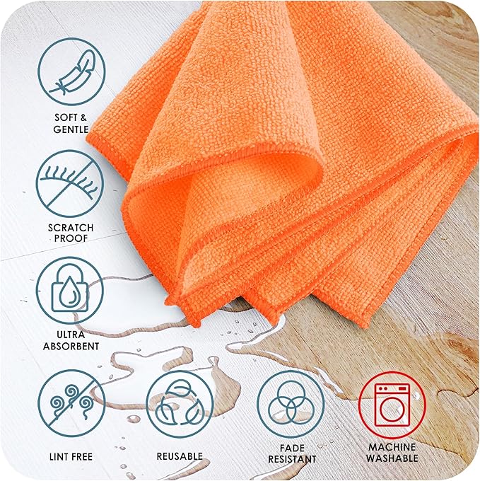 Hearth & Harbor Microfiber Cleaning Cloth for Cars 12 Pack Washcloths, Orange Cleaning Rags, Reusable Microfiber Cloth Rags for Cleaning, Lint Free Cloth, 12''x12'' (V-HH-Cloth-M-12-Org)
