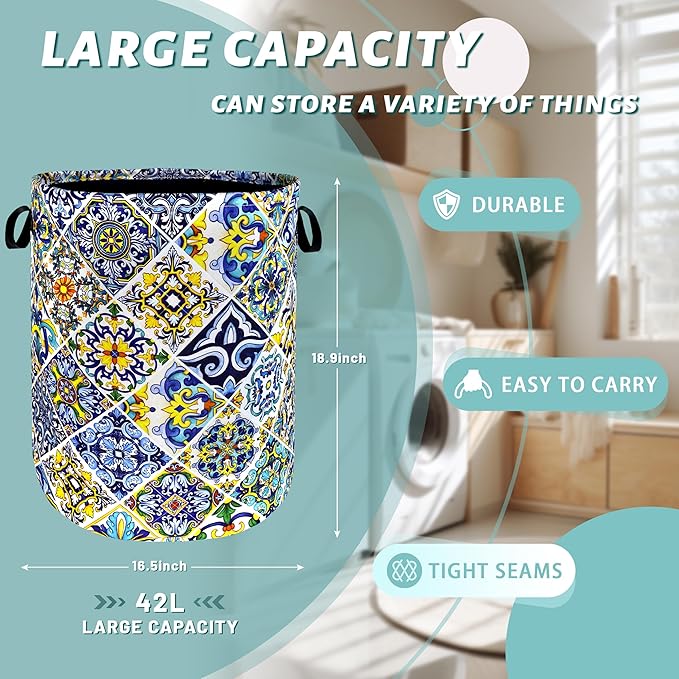 Mexican Tiles Laundry Basket Blue Green Boho Print Funny Laundry Hamper Foldable Oxford Cloth Colorful Tote Bag Clothes Toy Storage Bucket 18.9"x16.5"For Bathroom/Laundry Storage/Bedroom
