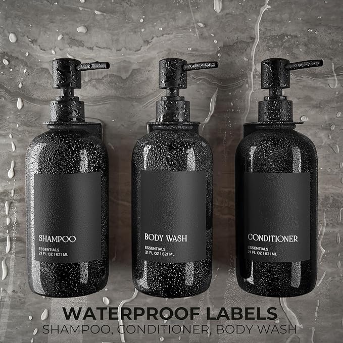 Stylish Shampoo and Conditioner Dispenser Set of 3 for Wall Mount - Modern Drill Free 21oz Shower Soap Bottles with Labels - Easy Refill Body Wash Dispensers for an Instant Bathroom Decor Upgrade
