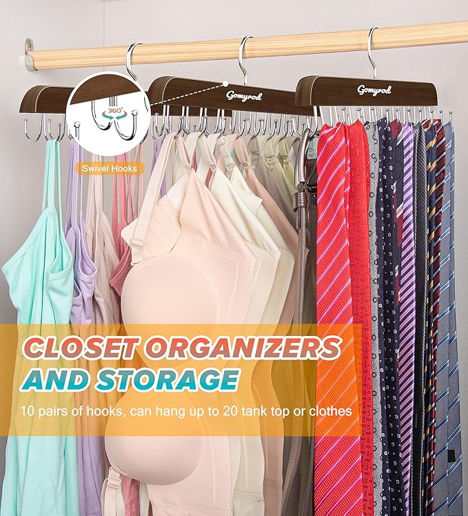 Bra Hanger for Closet, 2 Pack Tank Top Hangers w/20 Hooks Holds 40 Bras, Capacity Foldable Wood Space Saving Hanger, 360°Rotating Closet Organizers and Storage for Dorm & Apartment（Brown）