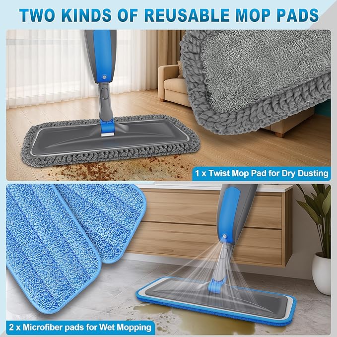 Spray Mops for Floor Cleaning - Microfiber Wet Dry Dust Mop for Hardwood Laminate Wood Tile Vinyl Floors with 3 Washable Pads fit for Swiffer PowerMop