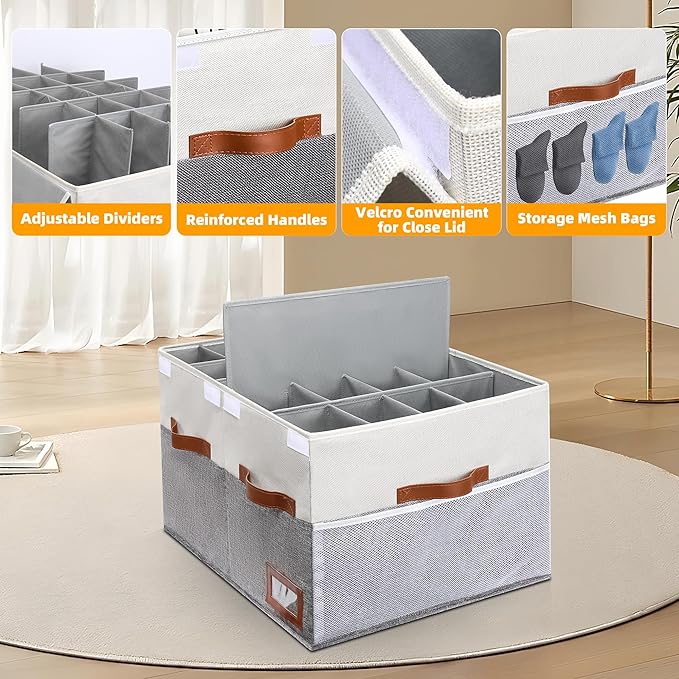Shoe Organizer for Closet, Foldable Shoe Storage Bins with Lid & Adjustable Dividers, Fabric Shoe Box Storage Containers with Four Reinforced Handles, Fits 20 Pairs, 1 Pack, Grey