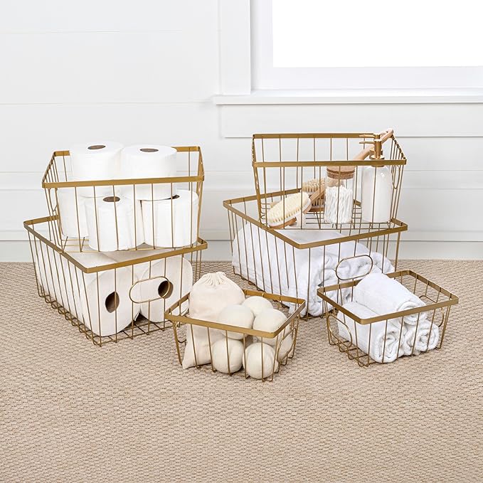 happimess BSK3001D-6SET Camden Vintage Industrial Wire Metal Nesting Storage Baskets for Shelves, Cabinets, Pantry, Countertop, Mesh Open Bin Basket for Organizing Supplies, Gold (Set of 6)