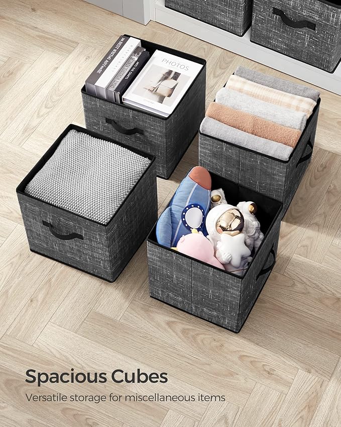 SONGMICS Storage Cubes, 13-Inch Non-Woven Fabric Bins with Double Handles, Set of 6, Closet Organizers for Shelves, Foldable, for Clothes, Classic Black UROB033B01
