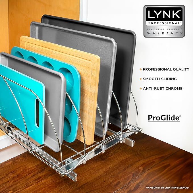 LYNK PROFESSIONAL® Pull Out Cutting Board, Baking Pan, and Cookie Sheet Organizer for Cabinet - Lifetime Ltd. Warranty - Slide Out Kitchen Cabinet Organizers – 14” x 21” Deep – Pull Out Drawer, Chrome