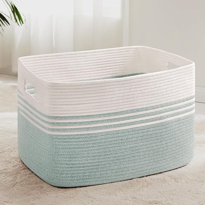 86L Large Laundry Basket for Living Room Storage,Woven Rope Baskets for Blanket,Kids Toy,Gifts,Wicker Hamper for Bedroom Dirty Clothes,24"x16"x14" White Green
