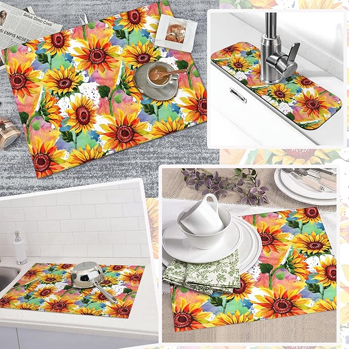 3Pcs Watercolor Sunflower Dish Drying Mat & Kitchen Sink Splash Guard Faucet Mat For Kitchen Counter Absorbent Microfiber Dishes Pad Dish Drainer Rack Mats Fast Dry Kitchen Accessories