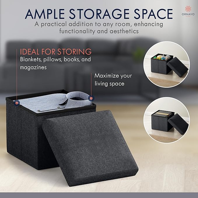 Ornavo Home Small Storage Ottoman Foldable Collapsible Cube Square Linen Ottoman Foot Rest Stool Seat, for Living Room, Bedroom, Home Office, Dorm - 12 x 12 x 12, Black
