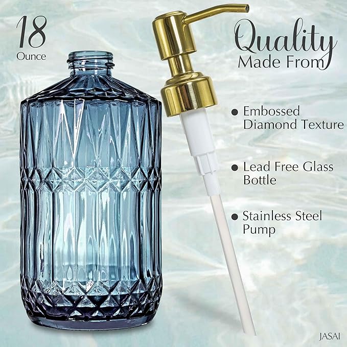 JASAI 18Oz Blue Glass Soap Dispenser with Golden Pump, Refillable Bathroom soap Dispenser with Thick Glass, Clear Kitchen Soap Dispenser for Dish Soap, Hand soap, Lotion.(Blue)