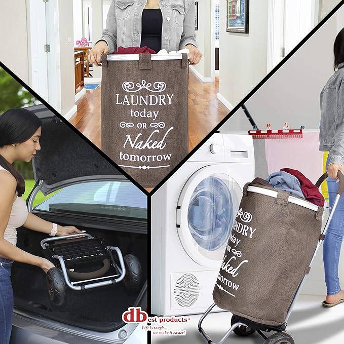 dbest products Laundry Trolley Dolly, Brown Laundry Bag Hamper Basket cart with wheels sorter