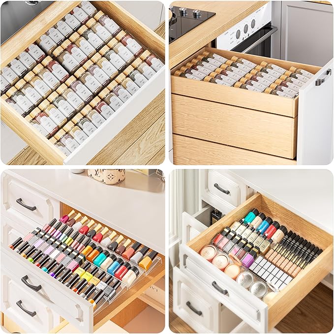 Spice Drawer Organizer, 4 Tier- 4 Pack Clear Acrylic Drawer Seasoning Organizer, Expandable From 11'' to 22'' Kitchen Spice Rack Organizers and Storage for Drawer (Jars not included)