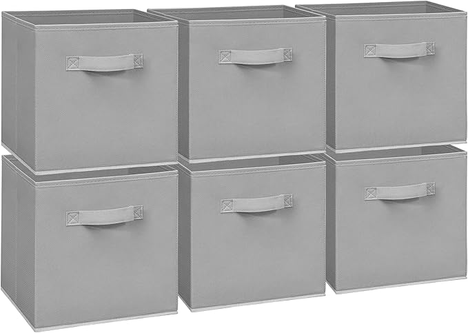 Easi 11 inch Cube Storage Bins, 6 Storage Cube Organizer, Collapsible Fabric storage cubes with Handles, Closet Storage Basket For Organization, Shelf Basket For Shelves Clothes Books, Gray