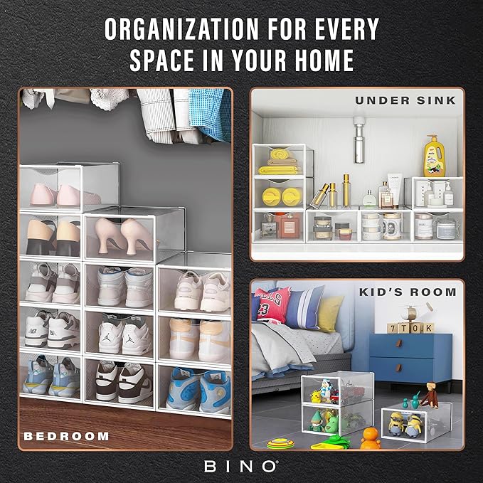 BINO 12-Pack Plastic Stackable Shoe Box Set - Clear | Foldable Shoe Storage Container | Sneaker Bins | Shoe Rack Box | Transparent | Portable Stacking Shoe Boxes Front Open