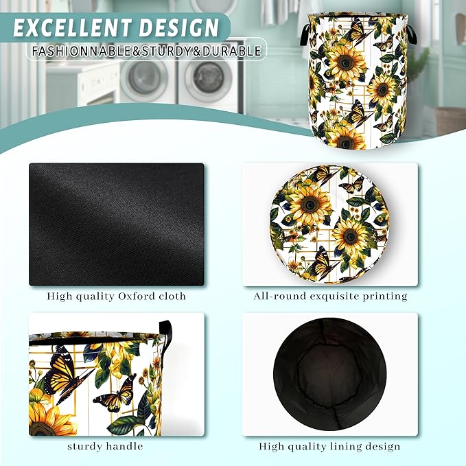 Yellow Sunflower Butterfly Laundry Basket Flowers Foldable Funny Laundry Hamper Oxford Cloth Colorful Tote Bag Clothe Toy Storage Bucket 18.9" x 16.5"For Bathroom/Laundry Storage/Bedroom