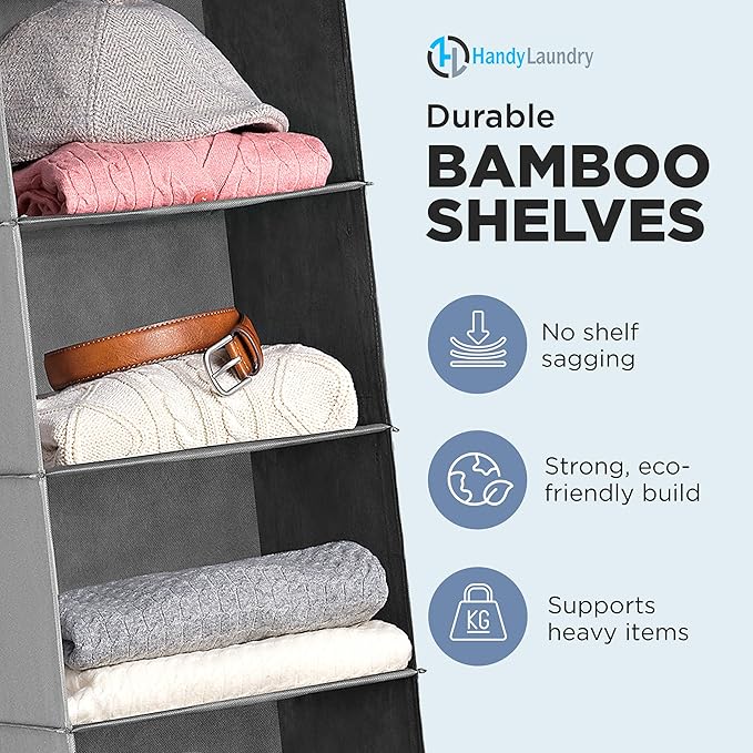 Handy Laundry Hanging Closet Organizer - 6 Shelf Storage for Clothes, Sweaters, Shoes & Accessories - Space-Saving Wardrobe Shelves with Hooks for Dorm, RV & Small Closet Organization (Grey)