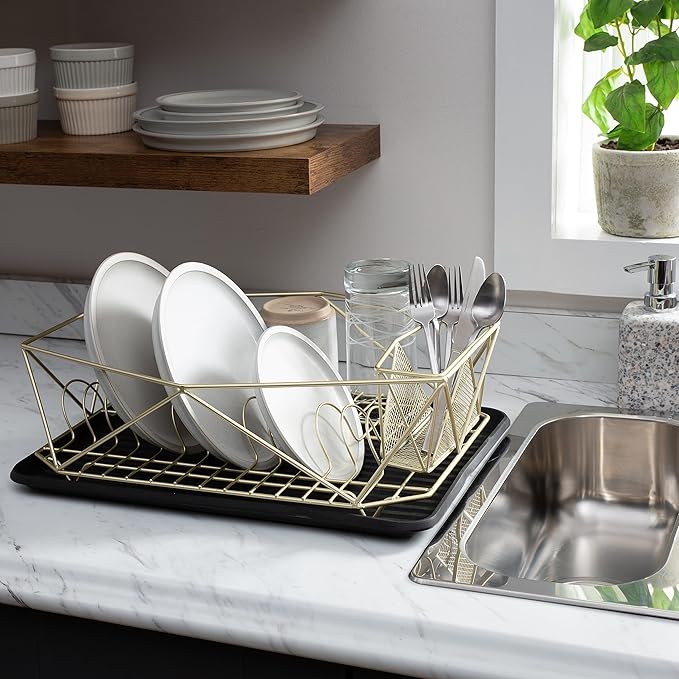 Kitchen Details Geode Deluxe Dish Drying Rack with Drain Board | Cutlery Basket | Utensil Holder | Iron Frame | Satin Gold