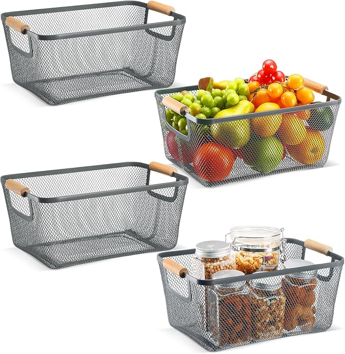 4 Pcs Metal Wire Basket with Wooden Handles Mesh Steel Storage Organizer Bin Containers for Home Organizing Cabinet Pantry Closet Kitchen Fridge Fruit Makeup Snacks Gifts(Medium,Dark Gray)