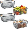 4 Pcs Metal Wire Basket with Wooden Handles Mesh Steel Storage Organizer Bin Containers for Home Organizing Cabinet Pantry Closet Kitchen Fridge Fruit Makeup Snacks Gifts(Medium,Dark Gray)