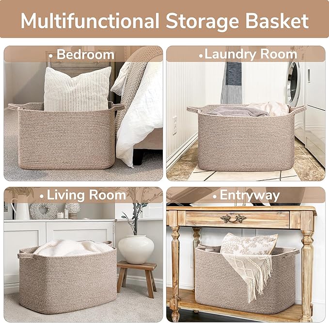 Goodpick Blanket Basket, Woven Baskets for Storage, Extra Large Storage Basket for Clothes, Toys, Dirty Clothes Basket for Laundry, Living Room, 23.6" x 15.7" x 13.8", Brown, 85L