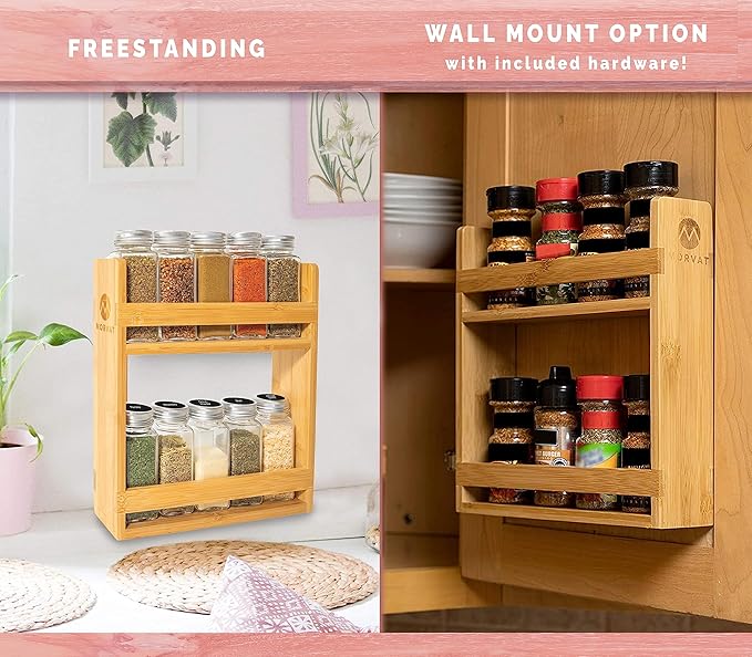 Morvat Bamboo Wooden Spice Jar Rack, 2-Tiered Seasoning Holder Organizer Set with 2 Shelves, Spice Storage Shelf for Kitchen Pantry & Cabinet, Counter or Wall Mount Option with Included Hardware
